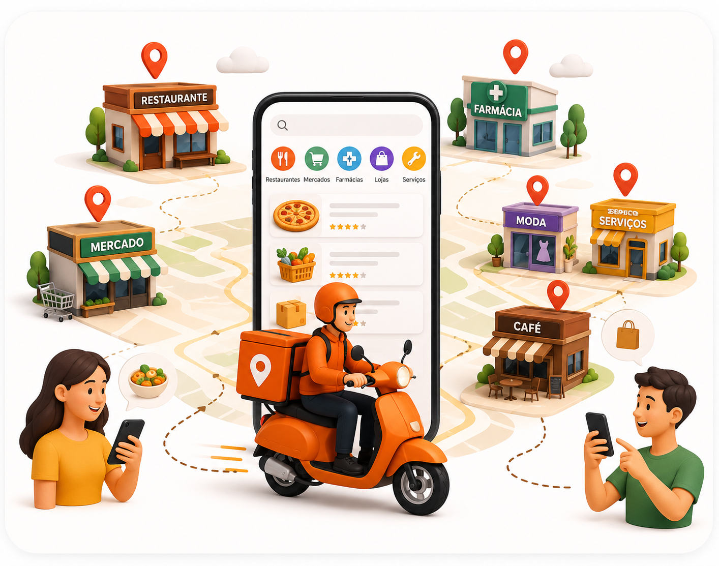 Ilustração de comércios e deliverys em Campo Magro